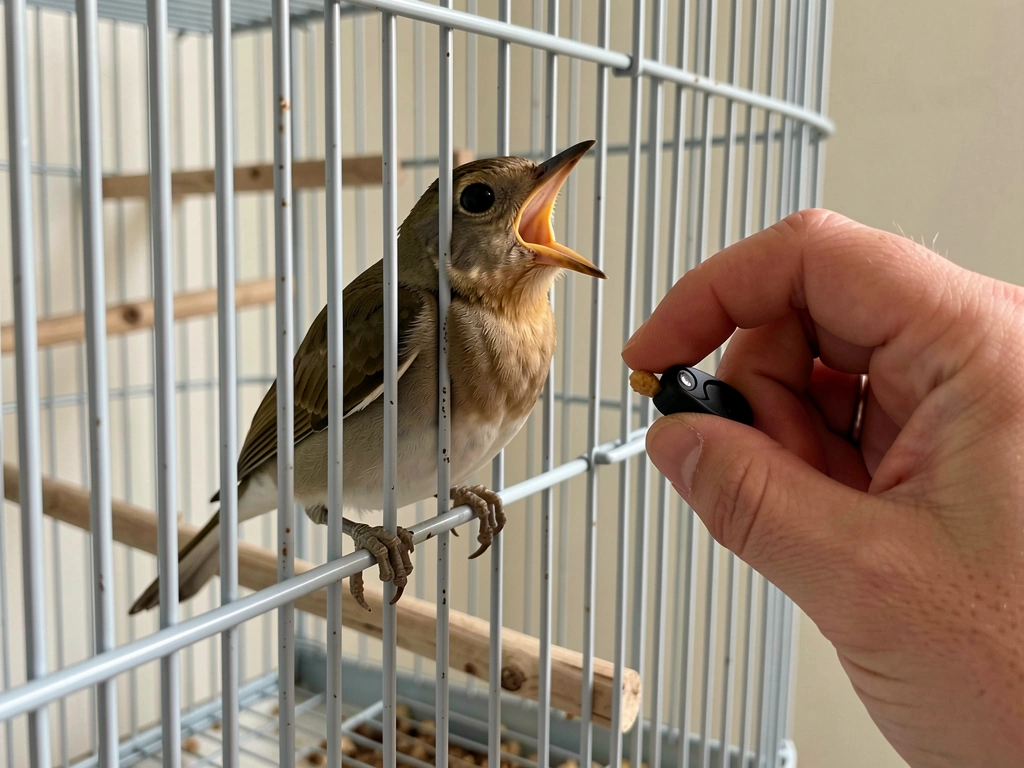Crested myna vocalizing as a trainer instantly rewards with a treat at the cage bars.