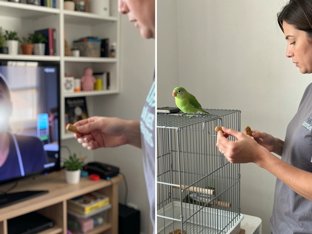 Trainer relocates a crested myna to a quieter spot to encourage partial-sound practice.
