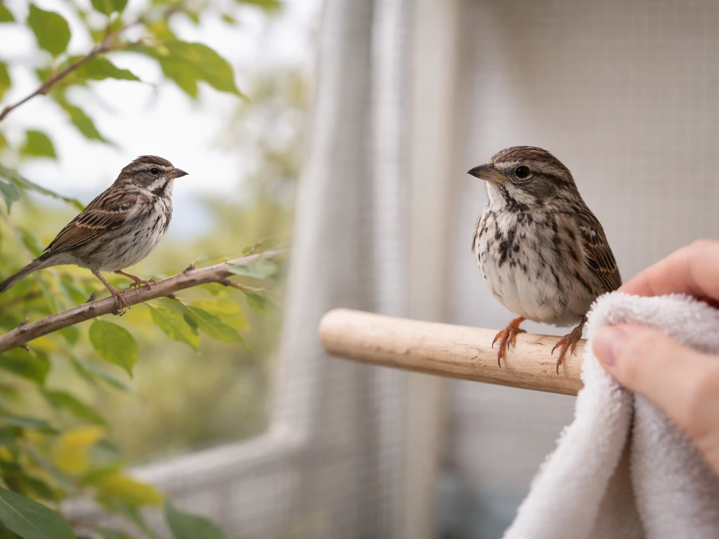 Rehabilitated bird in a supervised aviary beside a wild bird on a branch outdoors.