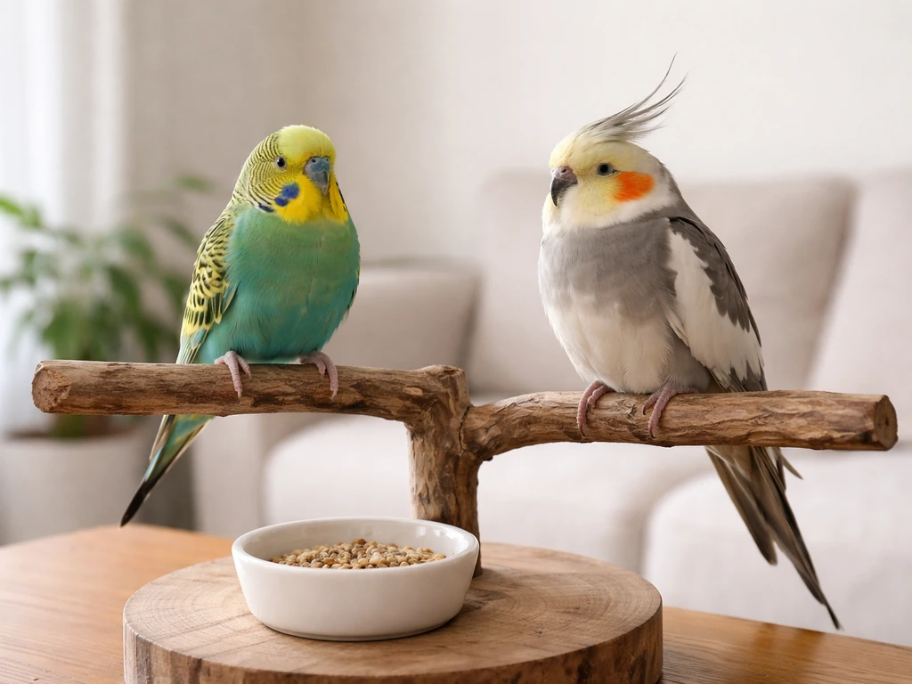 A calm budgie perched beside a smaller cockatiel on a tidy living-room stand, both alert and relaxed.