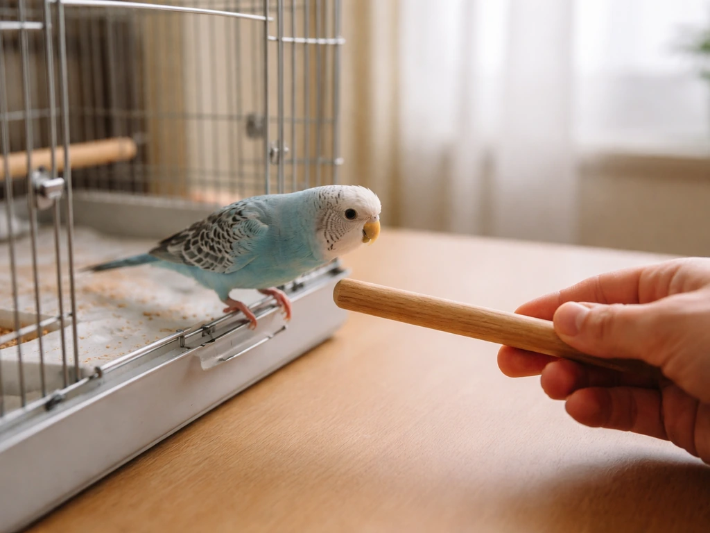 A small bird voluntarily steps toward a person’s offered hand near an open cage door.