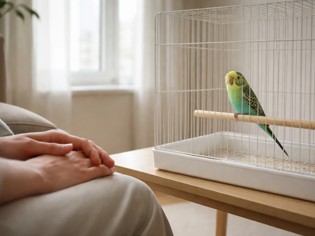 A small pet bird inside a simple cage while a caregiver quietly sits nearby during early acclimation.