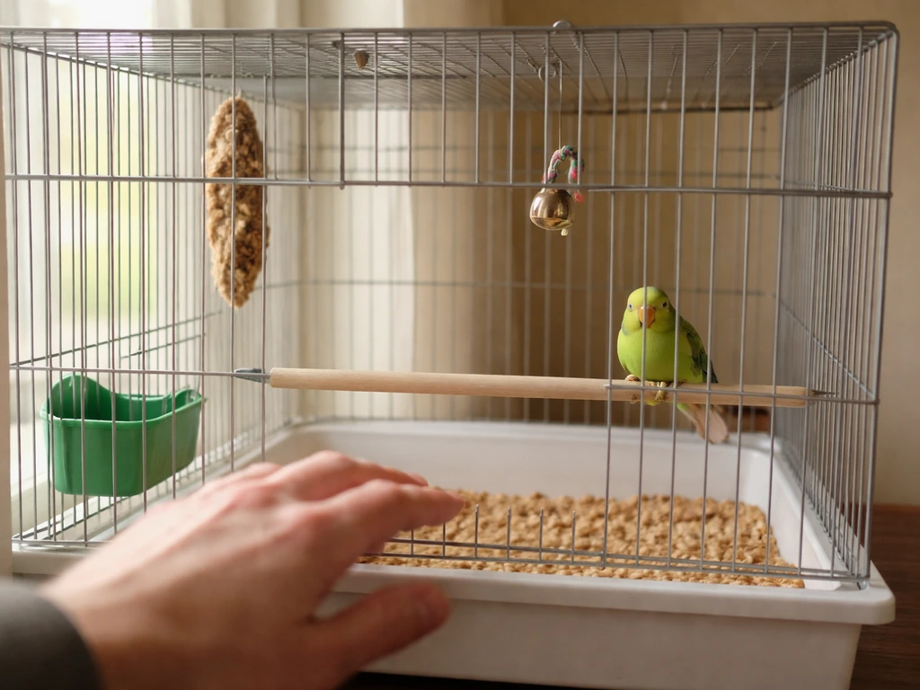 A small pet bird in its cage retreats as a caregiver’s hand slows and backs off.