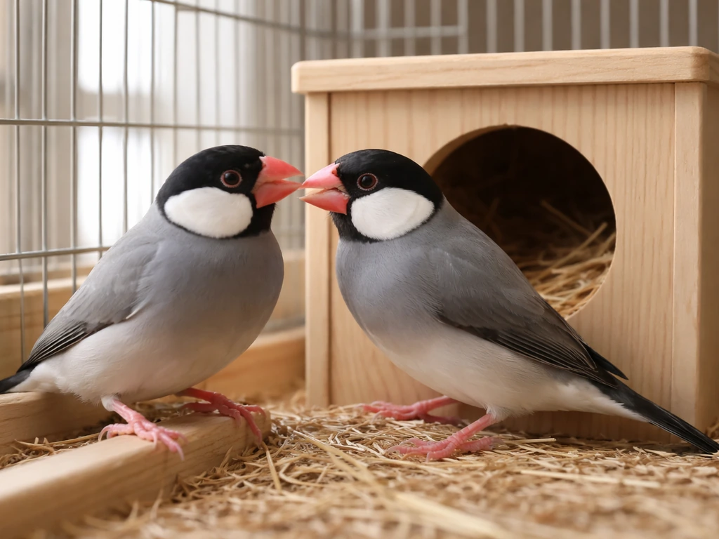 Two Java sparrows near a covered nest box inside a clean breeding cage, showing healthy nesting setup.