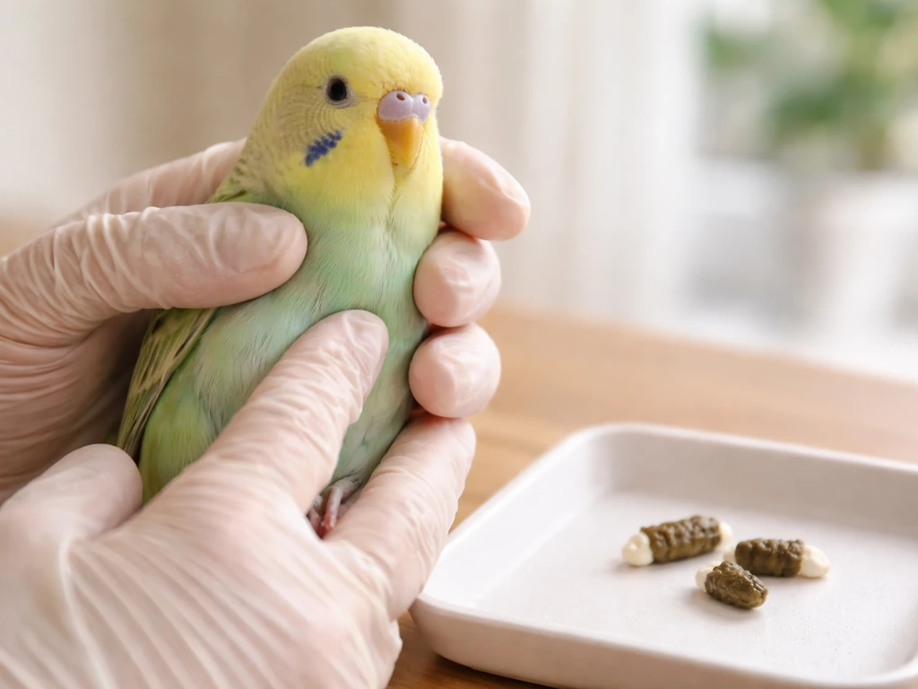 Close-up of a breeder’s gloved hands checking a small bird’s keel and feathers beside a tray of droppings