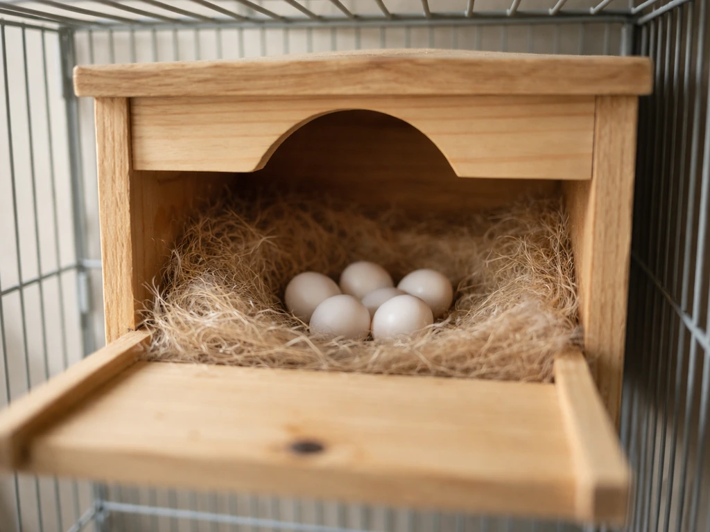 Covered wooden cavity nest box mounted in a cage with several eggs visible inside.