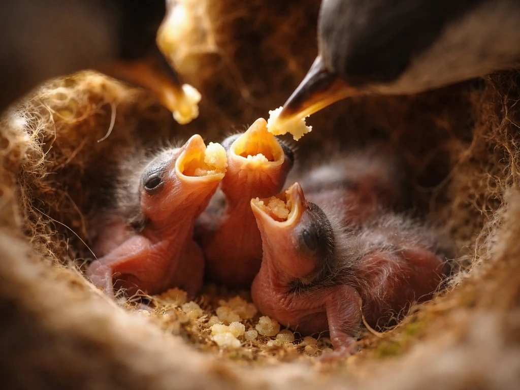 Tiny hatchlings in a nest cavity with adult birds nearby, showing early chick feeding