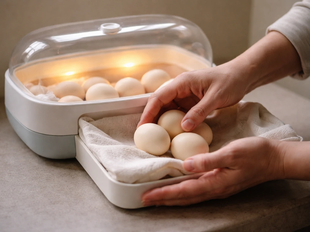 Anonymous caregiver’s hands gently moving eggs into a small warm incubator on a clean surface.