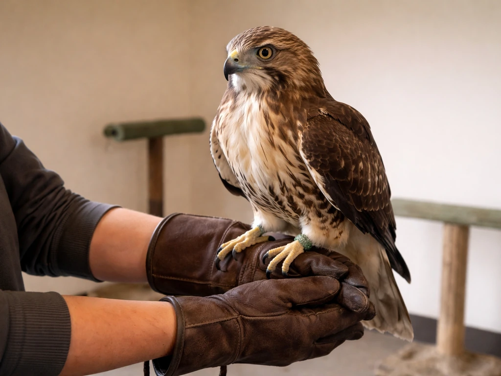 Bird handler gently supporting a calm bird indoors in a safe, welfare-focused setting