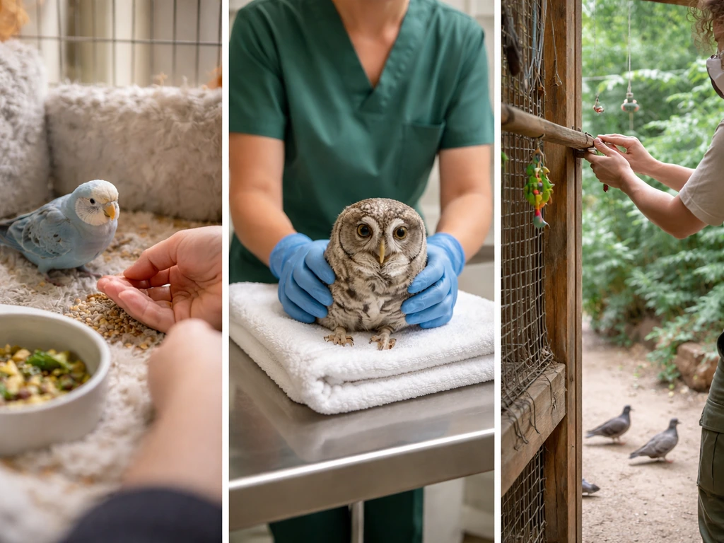 Three-panel split photo of anonymous bird handling: pet feeding, wildlife intake care, and aviary support.