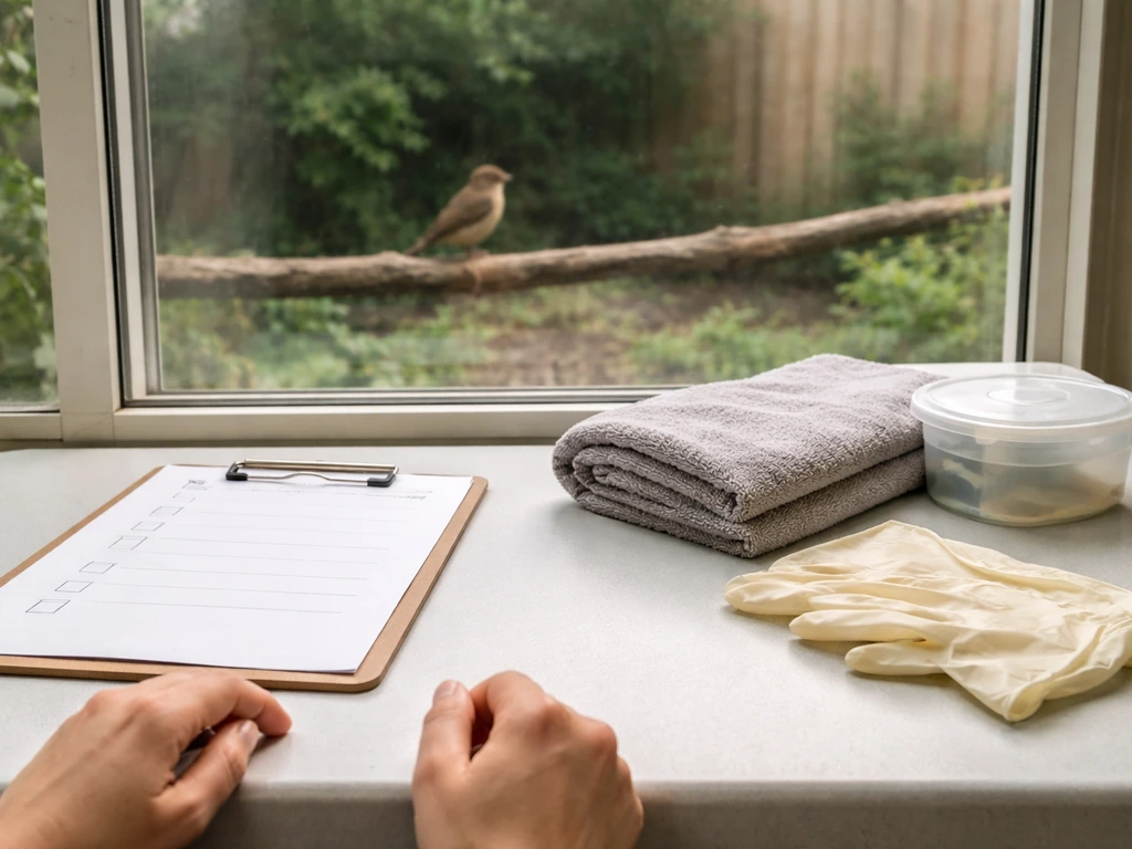 Observer behind a barrier watches a small bird while supplies and a clipboard wait for safe handling.