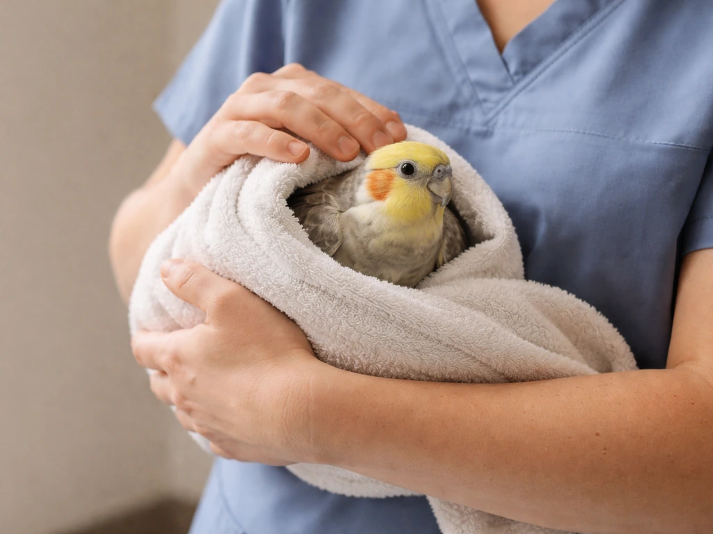 Handler gently stabilizes a bird with a towel support, keeping the chest free for breathing.