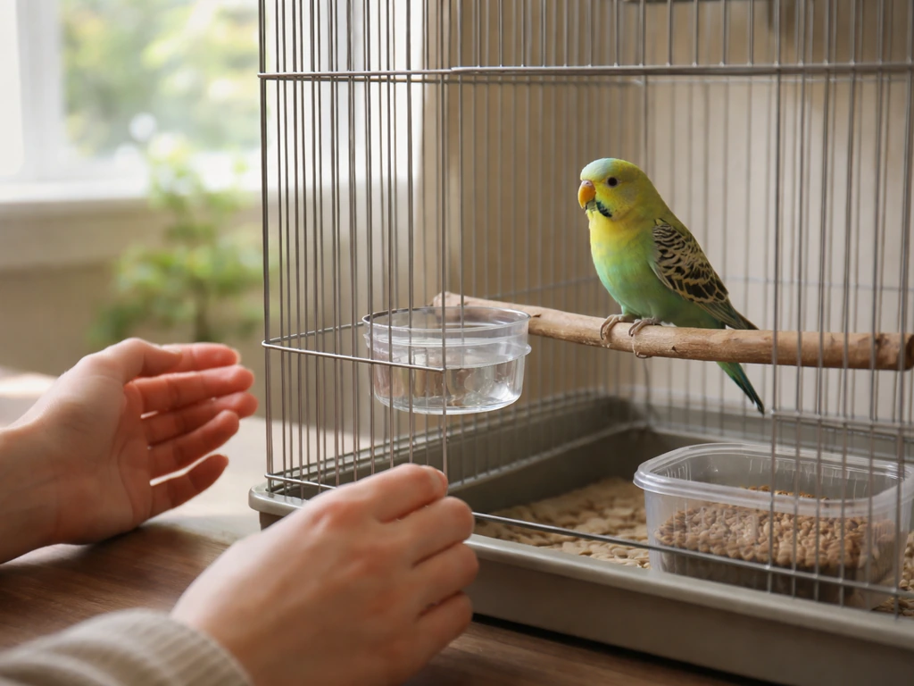 Calm new pet bird in a prepared cage setup while a distant handler keeps the environment quiet and safe.