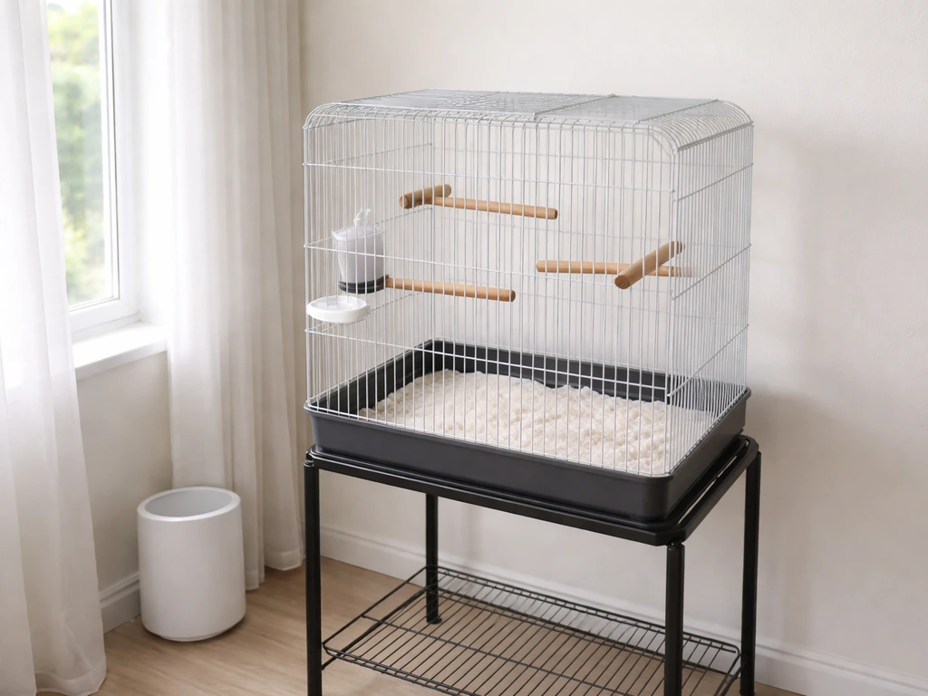 Bird cage set up and ready indoors with clean surfaces, safe perch setup, and fresh air focus