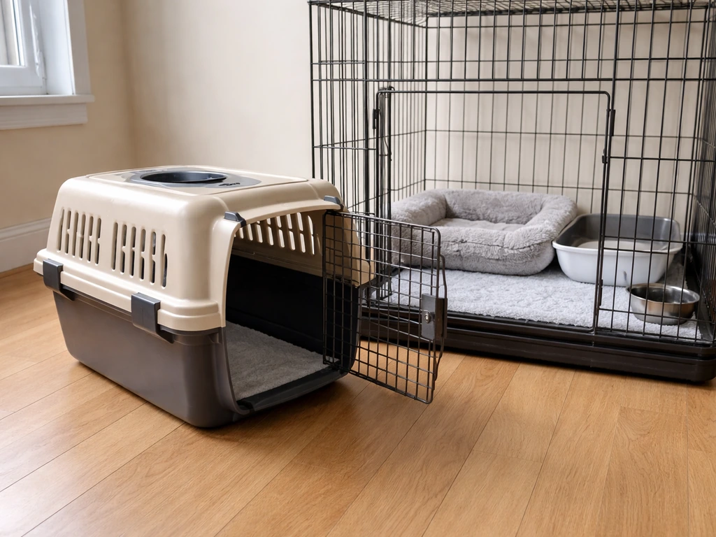 Cat carrier door open and aligned with cage entrance in a closed, draft-free room for safe first contact.