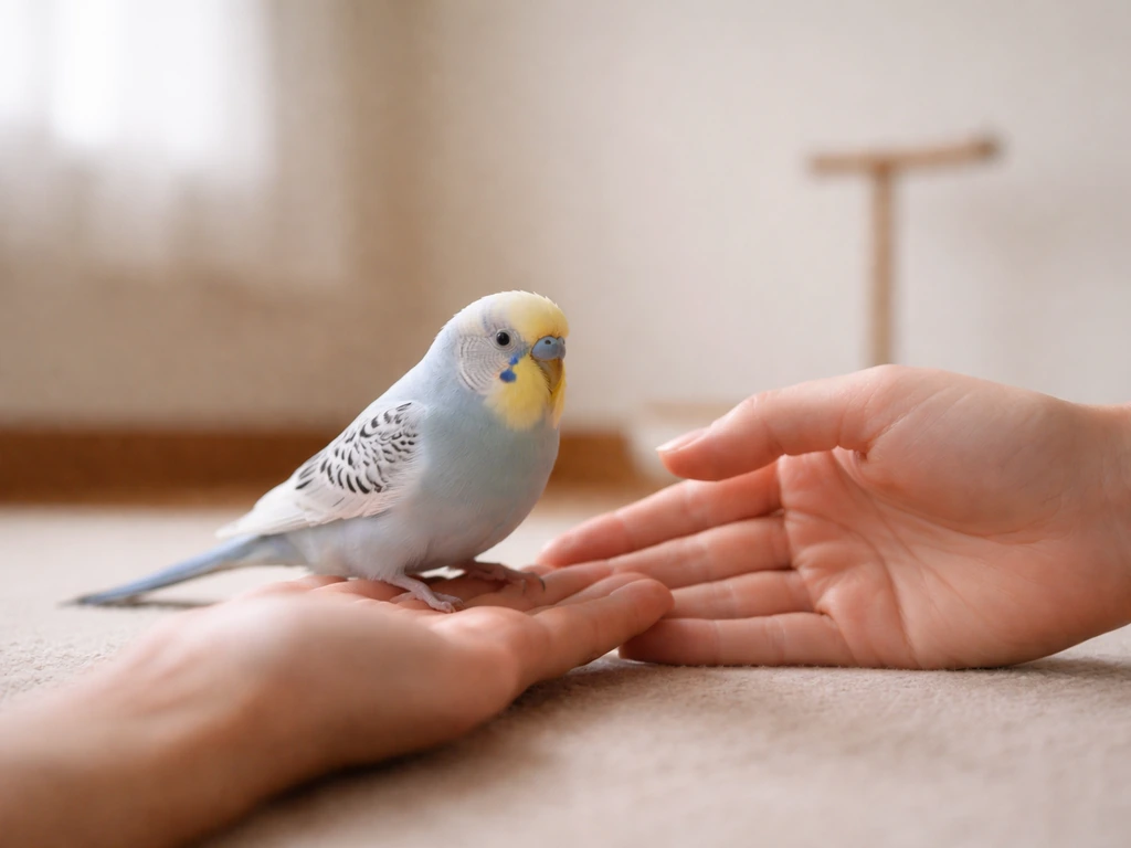 A small budgie or cockatiel calmly steps onto an open hand in a quiet, sunlit room.