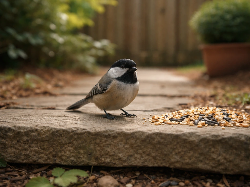 Calm wild bird perched near a backyard garden path, staying close and alert in soft natural light.