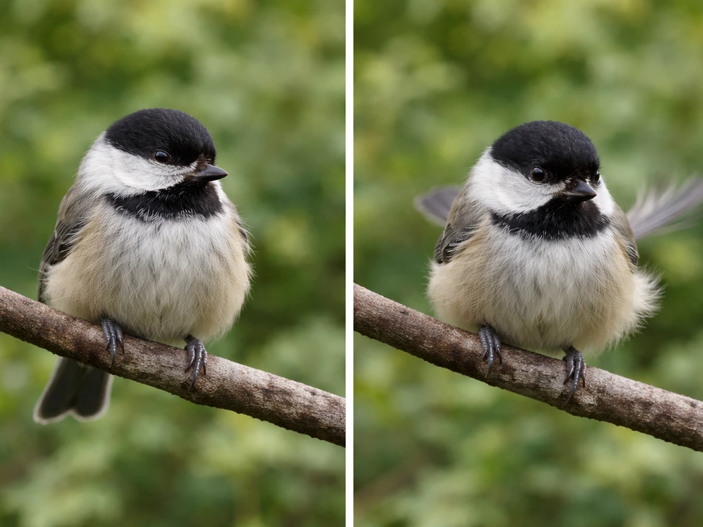 Close-up wild bird perched on a branch, calm posture with subtle stress cues like head-bobbing and tail flick.