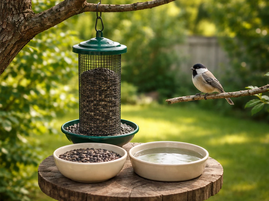Black oil sunflower feeder and a clean water dish in a tidy backyard, with a small songbird nearby.