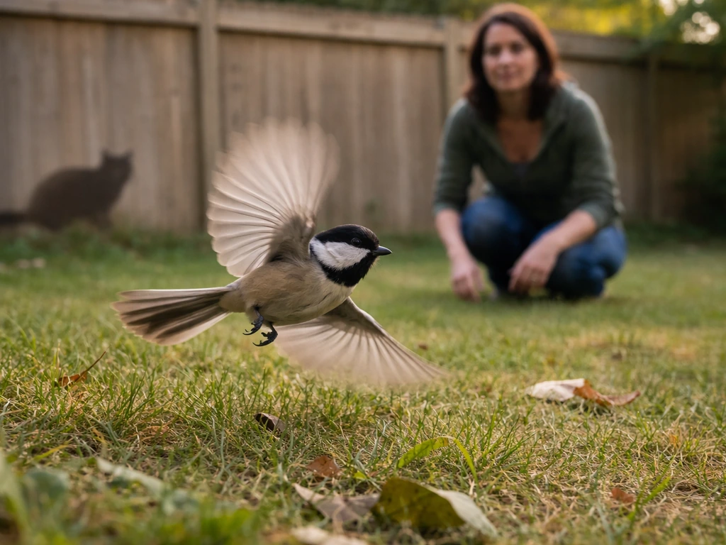 Backyard bird startled into flight while a person pauses and calmly increases distance near a distant cat