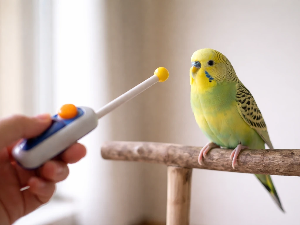 Calm parakeet on a neutral perch with a trainer’s hand holding a clicker and a target stick.