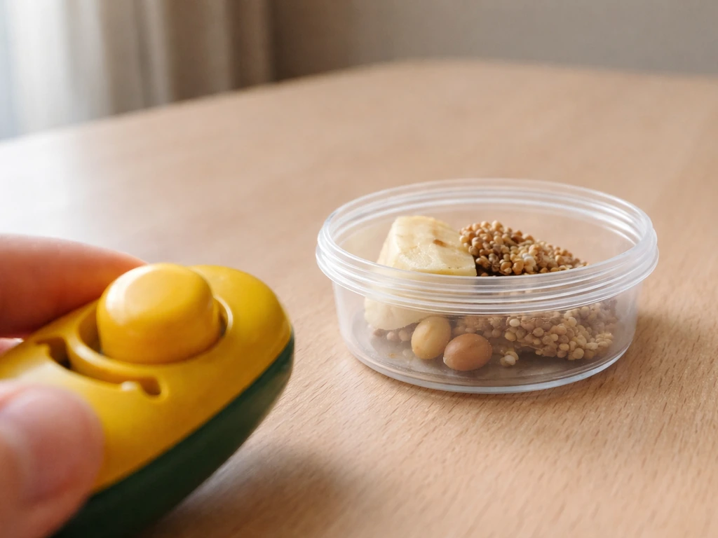 Close-up of a bird clicker beside a small container of tiny treat pieces on a training surface.