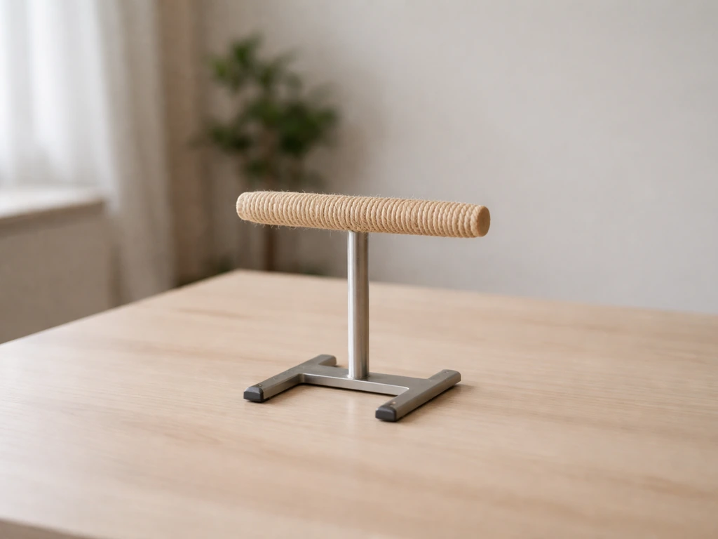 A quiet bird-training setup with a neutral training perch on a clean stand in a distraction-free room.