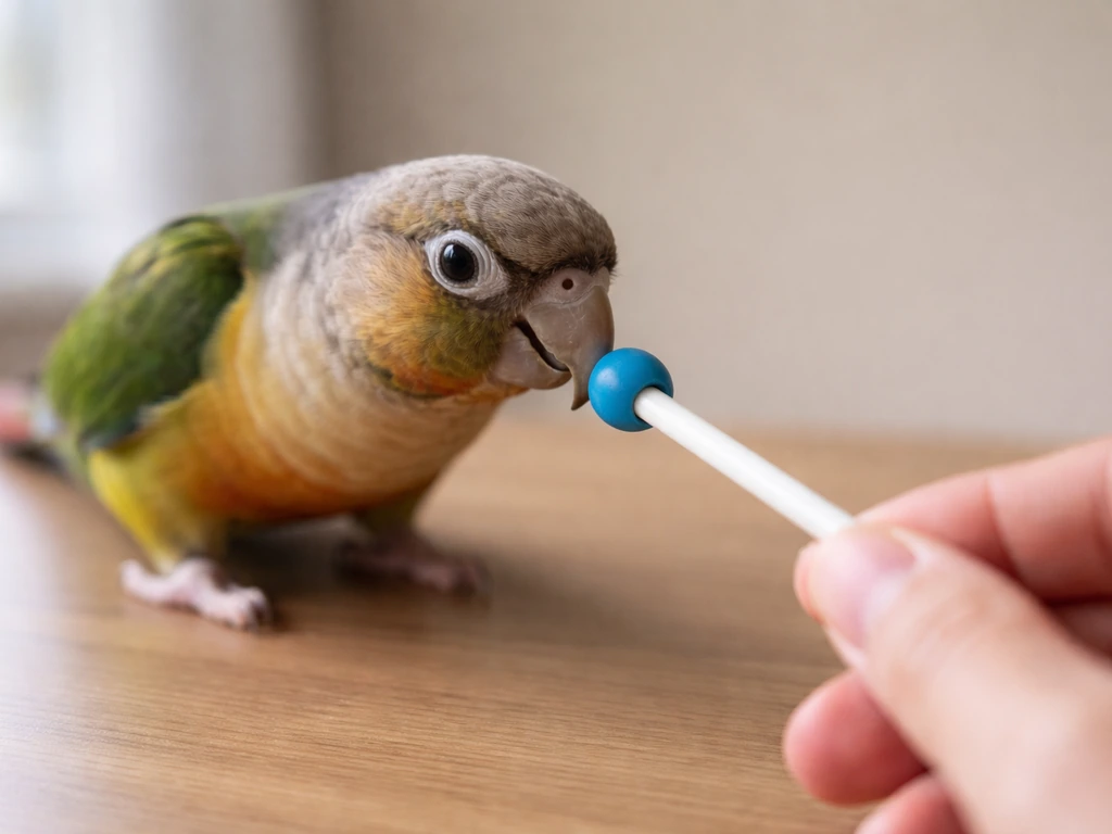 Close-up of a parrot beak touching a target stick tip held by a hand indoors.