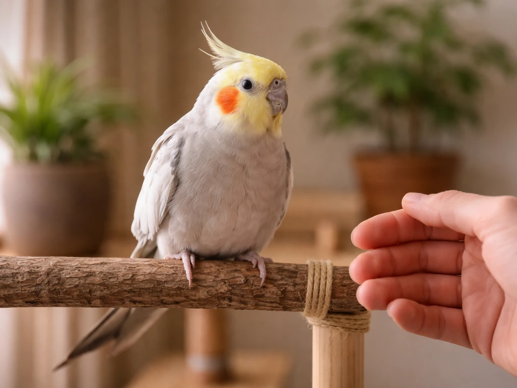 Calm pet bird on a stable perch with a trainer’s open hand nearby, non-restrictive welfare-first handling