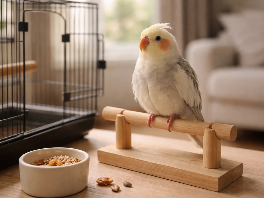 Calm budgie/cockatiel perched near open cage door with a treat cup, showing beginner-friendly gentle training setup.