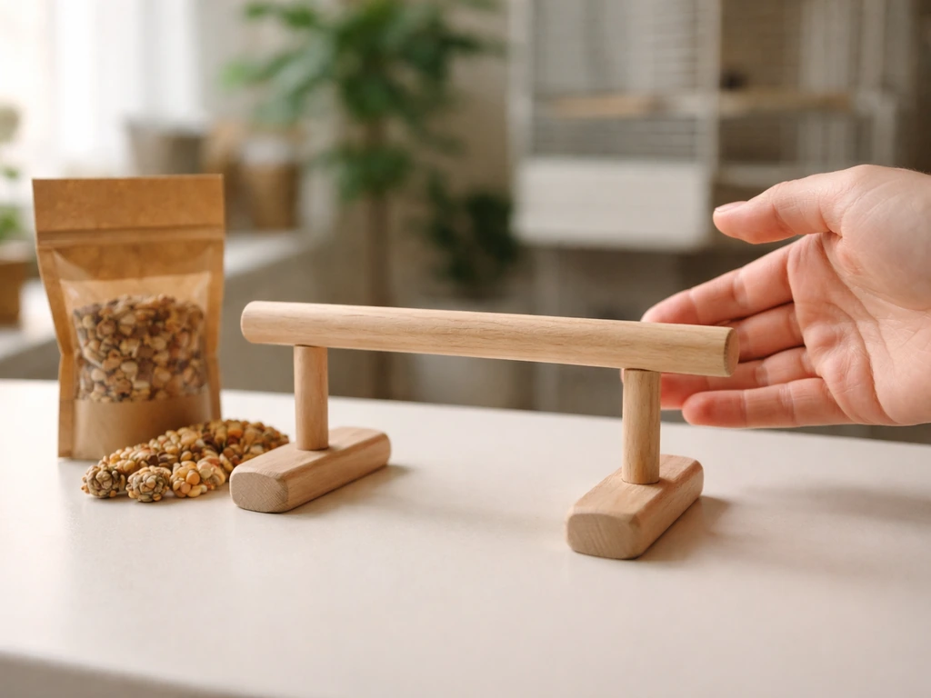 Hand reaching toward a wooden bird perch with treat pouch and treats, calm bonding-focused training mood.
