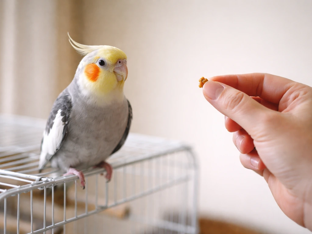 Calm cockatiel perched by its cage while a trainer holds a treat nearby at a comfortable distance.