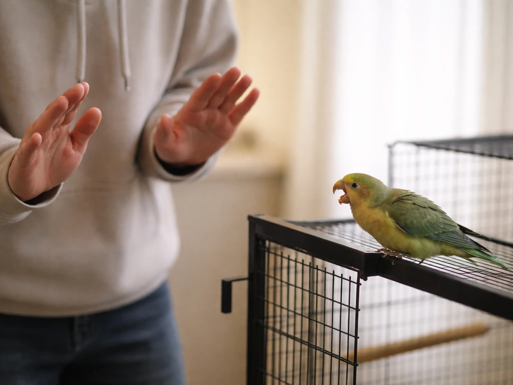 Anonymous handler steps back from a tense bird near an open enclosure after a bite attempt.
