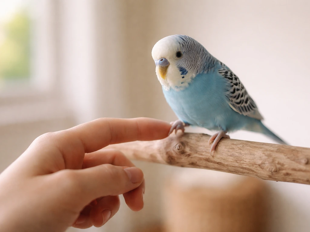 Calm pet bird stepping onto a trainer’s gentle finger in a safe, quiet home setting.