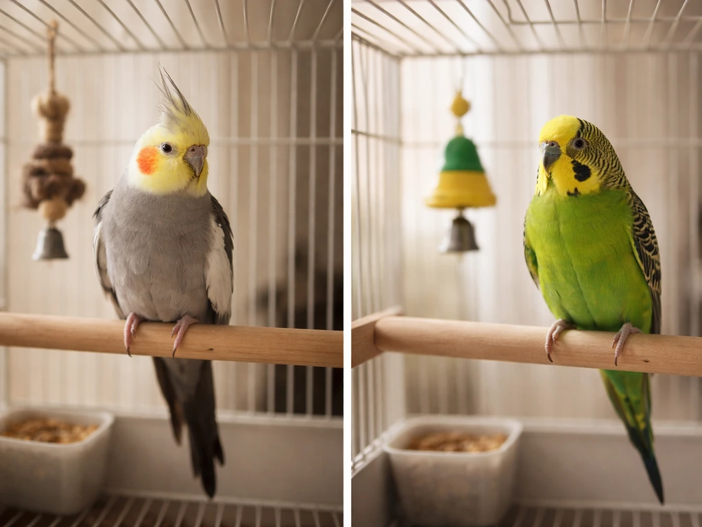 Cockatiel and parakeet perched in simple indoor cages, suggesting different temperaments and training approaches.
