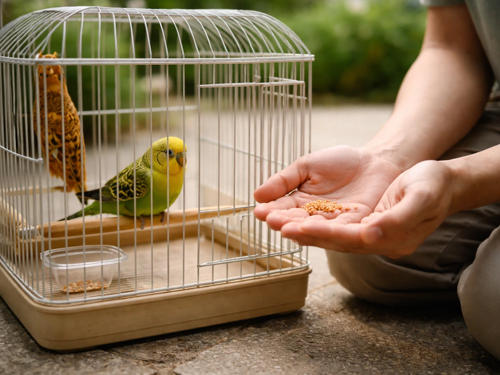 Person’s hands outside a small bird cage offering treats while the bird appears calm