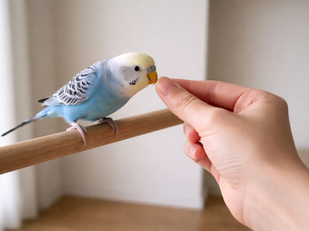 Small bird perched as a hand offers a treat near the beak in a calm training setup