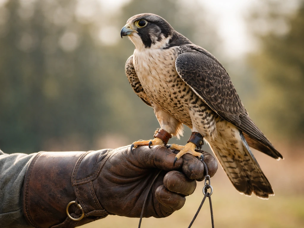Falcon calmly perched on a handler’s glove during safe, welfare-first handling with tether/jesses visible.