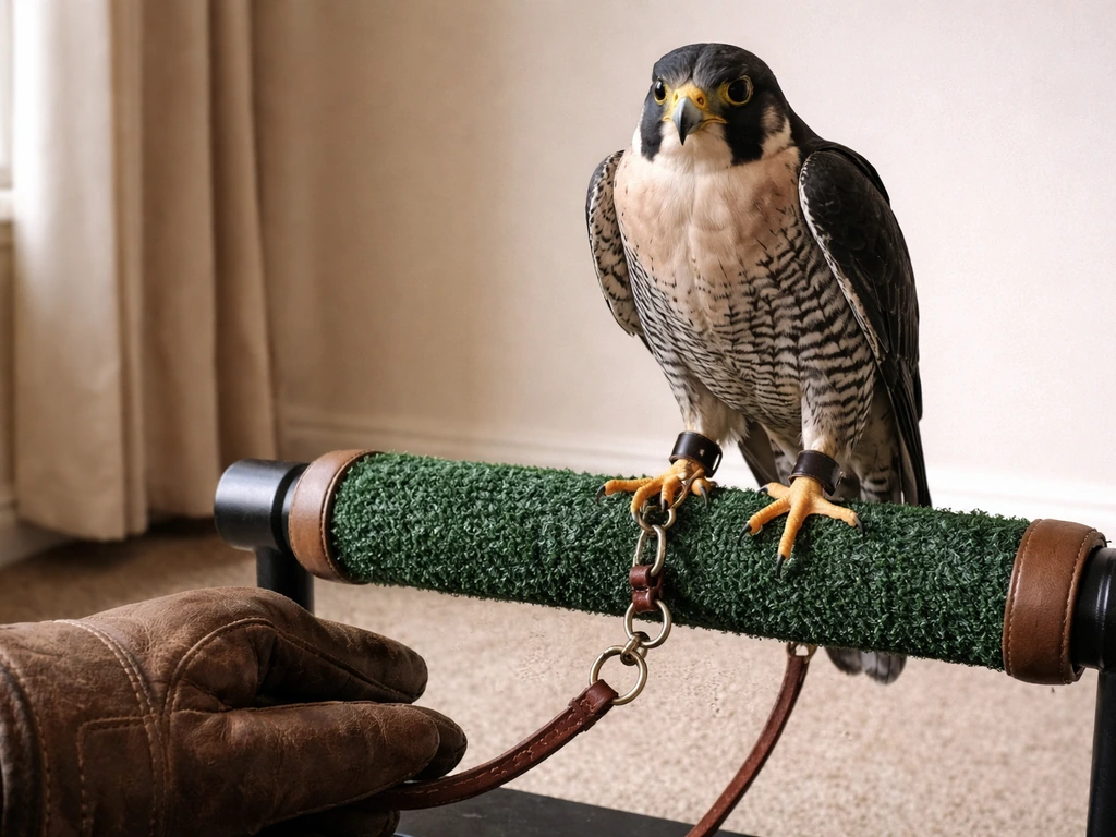 Close-up of a safe falconry perch with jess and tether secured, handler’s glove visible nearby.