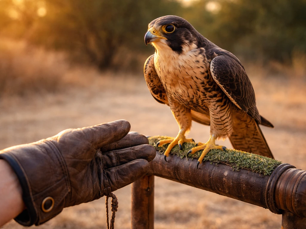 Falcon on a perch with a glove held at lower-leg height for a step-up moment.