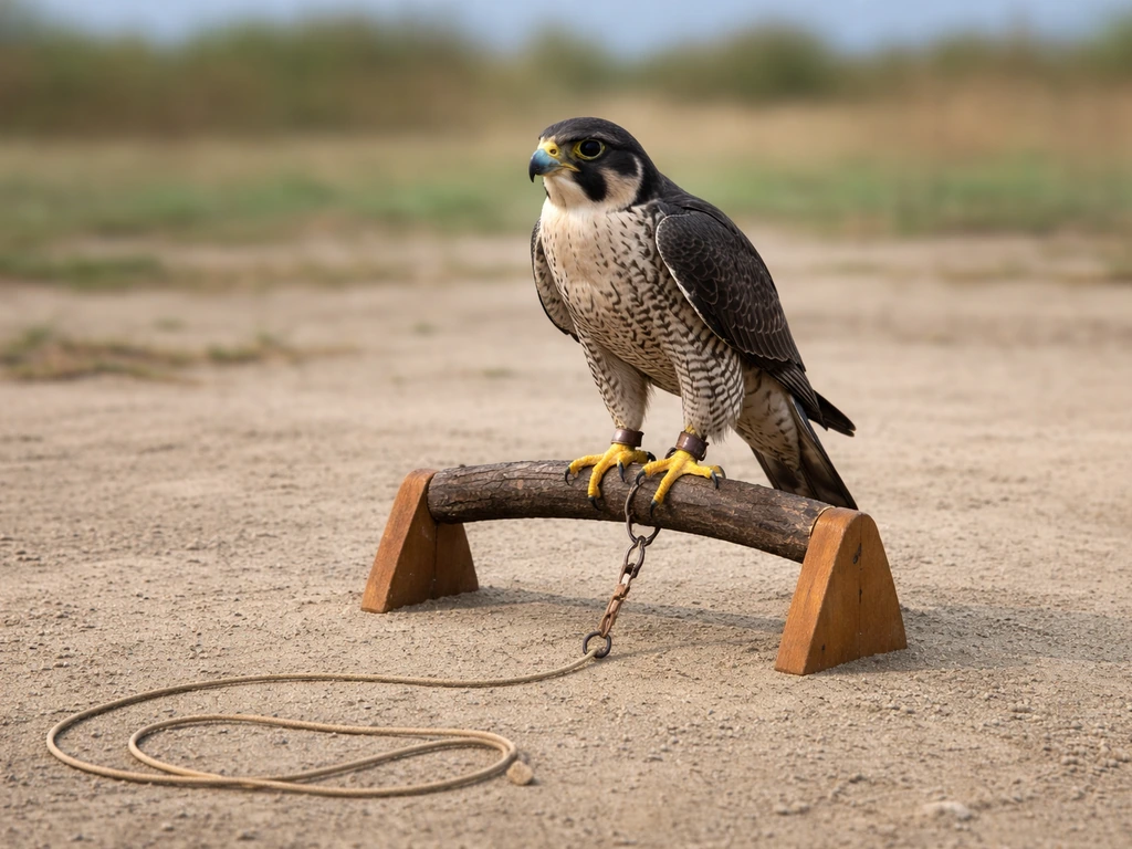Calm falcon tethered on a wooden bow perch with a creance line trailing on the ground.