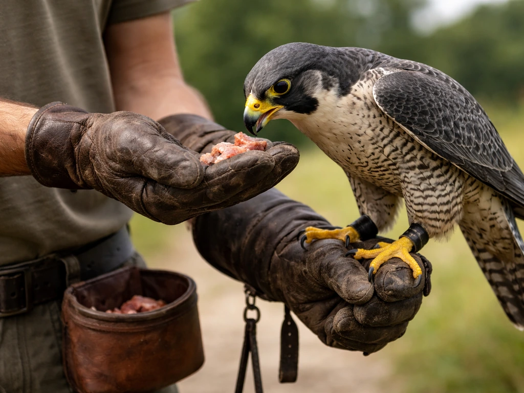 Gloved handler feeding a perched raptor with small controlled treats in a calm outdoor setting.