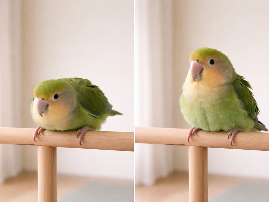 A small parrot on a simple perch looks tense with compressed feathers, then slightly relaxes.