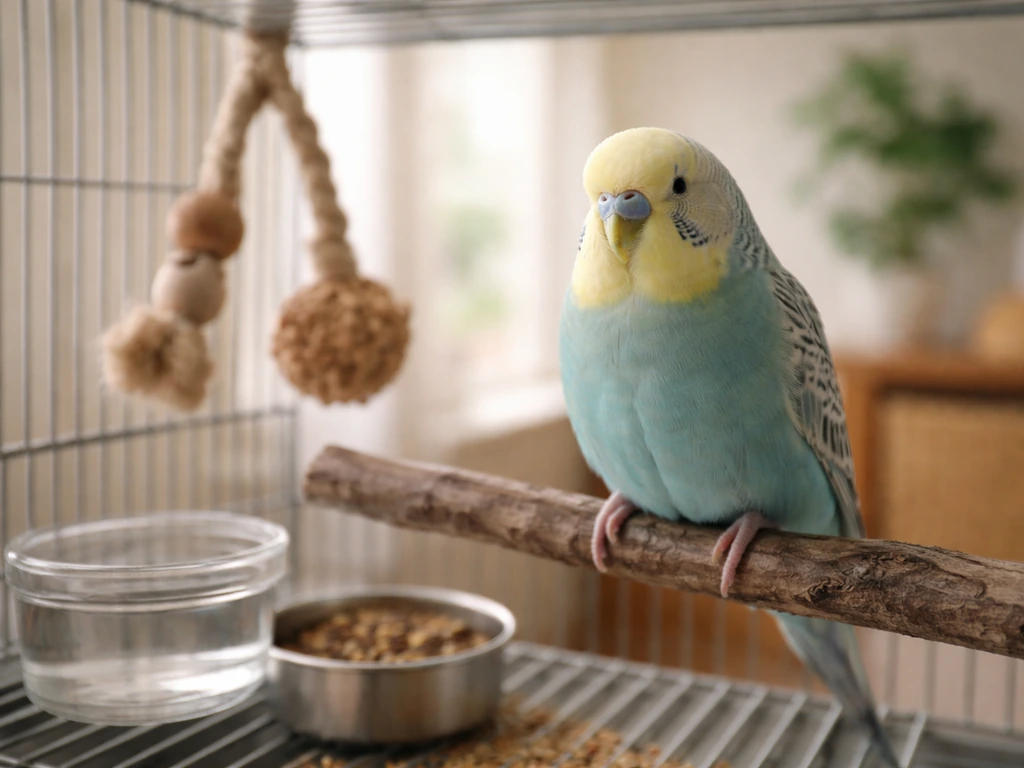 Small pet bird perched near a clean, well-set cage area with safe toys and fresh food dishes.