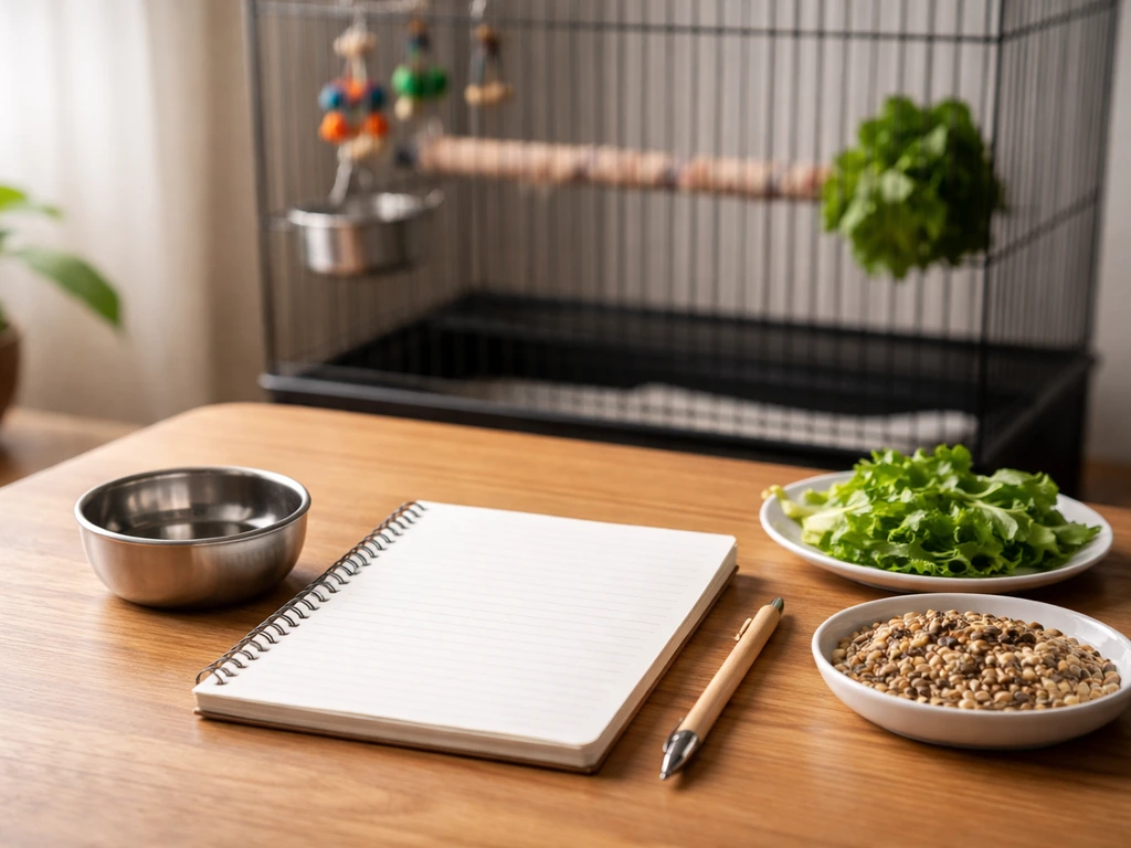 Close-up of a birdcage, open blank notepad, and fresh food and water bowls for a morning care checklist.