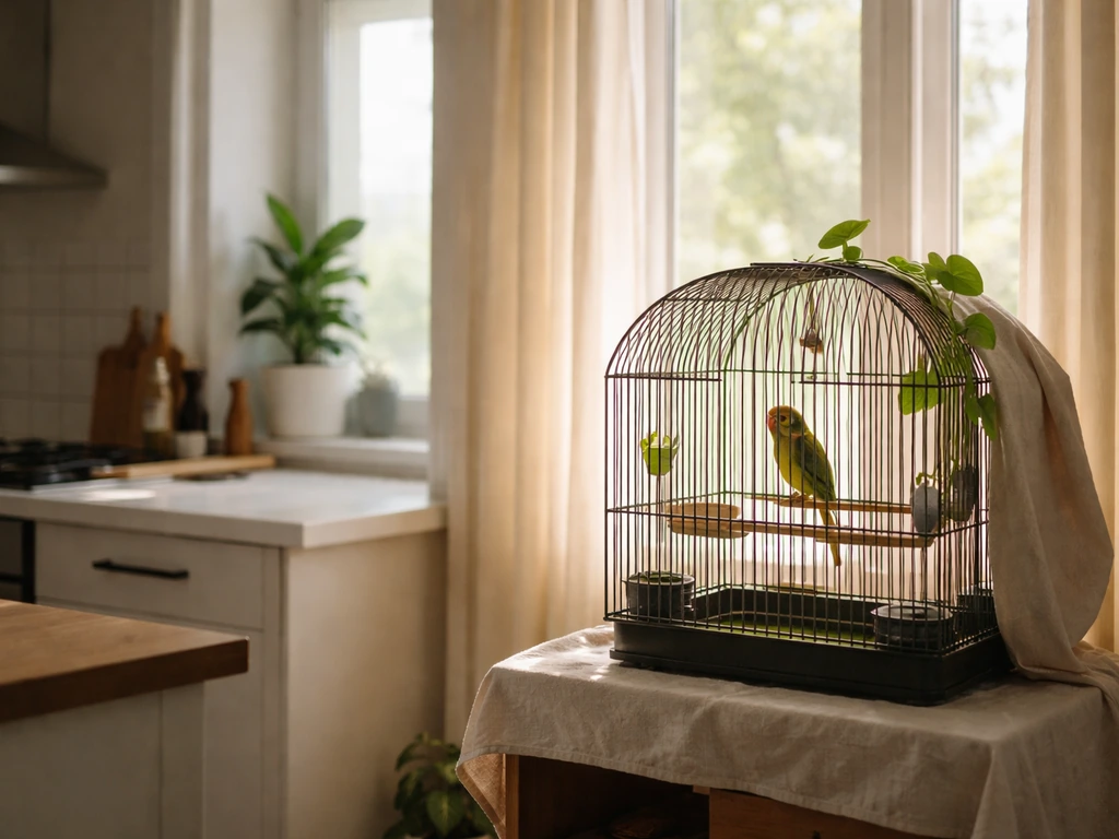Small parrot cage near a sunlit window with a separate, turned-off stovetop area for bird-safe air and lighting.