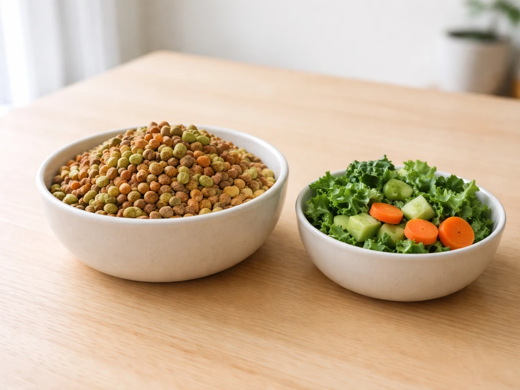 Bowls of colorful bird pellets with leafy greens and vegetables ready to mix into a parrot diet.