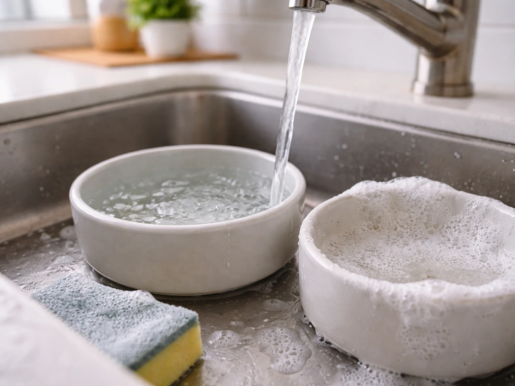 Fresh clean water in a bowl beside a scrubbed pet food dish with soapy bubbles in a sink