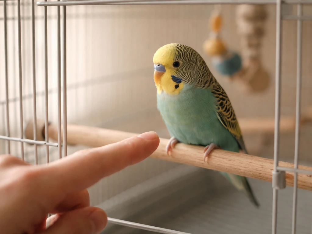 Calm parrot at a cage entrance with a hand and finger held nearby for a gentle step-up.