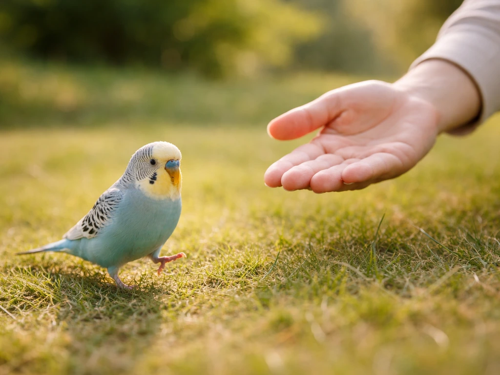 A small pet bird hopping toward a person’s open hand in a quiet yard, suggesting safe recall training.